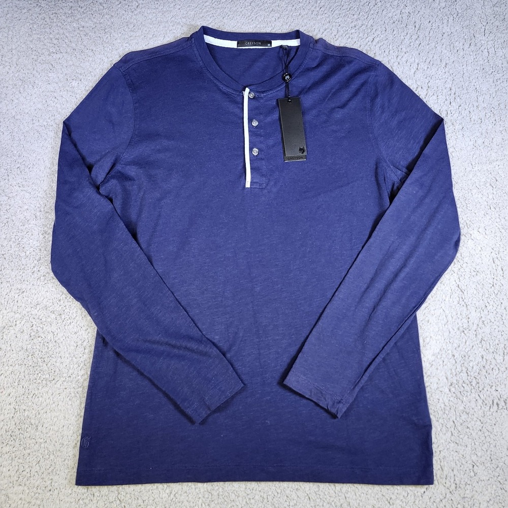 Greyson Alpha Slub Ls Henley Shirt Mens Medium Maltese Blue Cotton